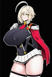 mayuai ai_generated tagme ciel_sulfur blazblue blazblue_alternative_dark_war uniform uniform_top uniform_female dark_background ahoge antennae_(anatomy) antenna_hair antennae yellow_eyes platinum_blonde_hair blonde_hair nipples nipples_bulge tie shoulder_cape skirt child_bearing_hips thighs thick_thighs stockings gloves gloved_hands breasts large_breasts big_breasts huge_breasts breasts_bigger_than_head 1girls female female_only solo solo_female