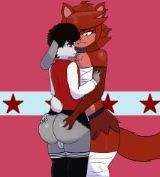 absurd_res animatronic anthro balls big_breasts big_butt black_hair breasts brown_eyes butt canid canine clothing duo fazclaire's_nightclub female female_anthro femboy fexa_(cryptiacurves) five_nights_at_freddy's fluffy fluffy_tail footwear fox fredina's_nightclub fur genitals grey_body grey_fur hair hand_on_butt hi_res huge_butt ivolf_(character) ivolflobogris ivuns_(character) lagomorph leporid long_ears looking_back machine male male/female male_anthro mammal rabbit red_body red_fur red_hair robot scottgames smile socks tail tail_tuft touching_butt tuft yellow_eyes