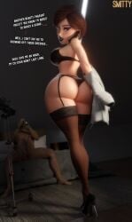 1boy 1girl 3d absurdres artist_name ass ass_focus black_bra black_lips black_panties black_thighhighs bra breasts brown_eyes brown_hair cellphone disney elastigirl english_text garter_belt garter_straps helen_parr high_heels highres huge_ass large_breasts makeup mature_female medium_hair nude panties phone pixar porn_star_elastigirl_(smitty34) smitty34 the_incredibles thick_thighs thighhighs thighs underwear