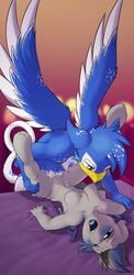 2018 anthro avian bat_pony bat_wings beak bed bite blue_fur blush breasts clyne_snowtail cum cum_in_pussy cum_inside duo equine female fur grey_fur gryphon half-closed_eyes lying male mammal membranous_wings my_little_pony nightglider nipples on_back open_mouth penetration pubes punk-pegasus sex stomach_bulge straight sweat table_lotus_position vaginal_penetration white_fur wings