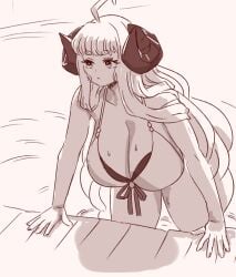 1girls ahoge anila_(granblue_fantasy) bikini breasts draph draph_race_(granblue_fantasy) female female_only granblue_fantasy huge_breasts long_hair massive_breasts monochrome pool quanero sheep_girl sheep_horns solo swimsuit thick_eyebrows thick_thighs wet_body