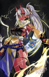 horns rating:safe 1girl breasts long_hair hair_between_eyes pointy_ears oni_horns weapon ponytail sword signature oni white_hair looking_at_viewer yellow_eyes navel jewelry red_skin large_breasts holding_weapon hair_ornament katana holding holding_sword standing solo akumi vyugen