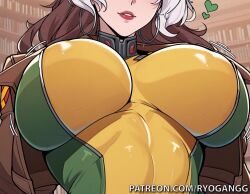 1girls 2d 2d_(artwork) ai_generated big_breasts bodysuit bomber_jacket brown_hair high_resolution highres huge_breasts light-skinned_female light_skin long_hair marvel marvel_comics marvel_rivals multicolored_hair patreon patreon_username rogue_(marvel_rivals) rogue_(x-men) ryogangg tight_clothing two-tone_hair two_tone_hair white_hair x-men