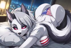 1female 1girls ai_generated american_flag_bikini anthro ass beautiful bed bedroom big_ass big_breasts bikini breasts canid canine canis clothed clothing demon demon_girl ear_piercing ears female furry furry_only goth goth_girl grey_body grey_fur grey_hair hellhound helluva_boss hi_res high_resolution highres indoors inside long_hair looking_at_viewer loona_(helluva_boss) mildlyflirty multicolored_fur mythological_canine mythological_creature mythology night night_sky on_bed red_sclera sexy sharp_teeth shirt silver_hair swimsuit swimwear tagme tail two-piece_swimsuit two-tone_body two-tone_fur two-tone_tail vivienne_medrano vivziepop white_body white_eyes white_fur white_shirt window wolf wolf_girl wolf_humanoid wolf_tail