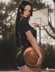 1girl against_tree ai_generated aisinful ass ball bare_tree basketball big_ass big_boobs big_butt black_hair blush boa_hancock branch breasts bush butt cherry_blossoms day earrings female female_only forest from_behind hi_res holding_ball holding_helmet hoop_earrings jewelry large_breasts long_hair looking_at_viewer looking_back medium_breasts nature one_piece outdoors palm_tree park pine_tree shorts solo thick_thighs tree wide_hips wisteria