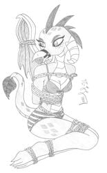 2016 ankles_tied anthro anthrofied ball_gag bondage bound bra breasts cleavage clothing dragon female friendship_is_magic gag horn horns kneeling limpurtikles monochrome my_little_pony panties pencil_(artwork) princess_ember_(mlp) rope rope_bondage sketch solo tail underwear wings