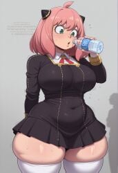 1girl aged_up ahoge ai_generated alternate_body_type alternate_breast_size anya_(spy_x_family) anya_forger arm_behind_back big_ass big_thighs black_dress blush bottle bottom_heavy breasts child_bearing_hips collared_shirt corruptedvisions covered_navel cowboy_shot curvaceous curves curvy curvy_body curvy_figure dress drinking eden_academy_school_uniform gigantic_ass glossy glossy_body green_eyes grey_background hair_between_eyes hairpods hi_res high_resolution highres holding holding_bottle hourglass_figure huge_ass large_breasts large_thighs long_sleeves massive_ass medium_hair neck_ribbon open_mouth pink_hair plump school_uniform shadow shiny_skin short_dress simple_background skin_gloss skindentation skull_crushing_thighs solo spy_x_family stable_diffusion standing sweat sweatdrop thick_thighs thighhighs thighs thunder_thighs voluptuous water_bottle white_thighhighs wide_hips wing_collar zettai_ryouiki