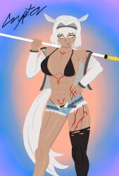 fate_(series) fate/grand_order caenis_(fate) cryptor616 white_hair bikini black_bikini body_markings dark_skin dark-skinned_female jacket swimsuit tattoo tattoos abs breasts female female_only muscular_female muscular muscles shiny_skin tomboy animal_ears 1girls long_hair very_long_hair shorts blue_eyes bikini_under_clothes bikini_under_shorts clothing denim_shorts one_stocking torn_stockings
