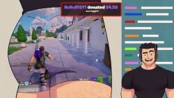 1boy artist_request ass ass_focus bara beard biceps black_hair butt donation_alert fortnite fortnite:_battle_royale gamer green_screen_ass lucas_lee male male_focus male_only pecs scott_pilgrim scott_pilgrim_takes_off shirt smiling solo solo_male stream_chat streamer streaming underwear