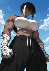 uersor valery_(uersor) tomboy tomboyish tomboy_milf milf latina latina_female latina_milf ai_generated ai ai_art ai-created deviantart_link female female_only female_focus solo solo_female mature_female 1girls 1girl large_breasts breasts big_breasts muscular muscular_female abs navel shiny_skin heavy_breathing dark_skin dark-skinned_female short_hair pixie_cut hair_between_eyes sidelocks messy_hair black_hair streaked_hair brown-skinned_female brown_skin tan_skin tan-skinned_female yellow_eyes glowing_eyes eyelashes eyeliner eyelids black_eyelashes long_eyelashes black_eyeliner half-closed_eyes smirk parted_lips brown_lips scar scars scar_on_cheek scar_on_face scar_on_arm scars_on_arm scar_on_stomach blood sky blue_sky clouds cloud highres high_resolution high_quality sports_bra white_sports_bra sportswear pants black_pants bandages bandage bandaged_arm clenched_fist clenched_hand fully_clothed clothed clothing standing from_below