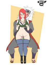 angry bra breast_grab breasts clothing dress dress_lift flat_colors groping_from_behind high_heels jiraiya mastr7up nail_polish naruto naruto_shippuden panties panties_down red_hair standing stockings thighhighs thighs uzumaki_kushina vibrator vibrator_bulge