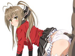 amagi_brilliant_park blush brown_eyes brown_hair censored cum dark-skinned_male long_hair mokke panties penis ponytail sento_isuzu striped_panties underwear