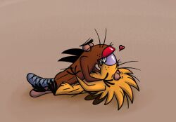 4_fingers 4_toes anthro balls beaver biped bischop black_eyes brother_(lore) brothers_(lore) brown_body brown_fur buckteeth daggett_beaver duo eyes_closed feet fingers fur genitals gradient_background hand_on_face hand_on_hip hi_res incest_(lore) kiss_on_lips kissing lying male male/male mammal nickelodeon norbert_beaver on_back purple_nose red_nose rodent semi-anthro sharp_teeth sibling_(lore) side_view simple_background teeth the_angry_beavers toes whiskers yellow_body yellow_fur