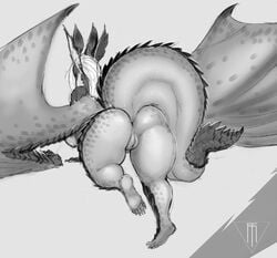 anus ass breasts conditional_dnp dragon female grey_background greyscale monochrome nipples pussy scalie simple_background taihab