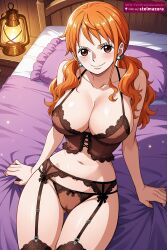 1girl 1girls ai_assisted ai_generated arm_support bangs bare_shoulders bed bed_sheet black_panties black_thighhighs blush bow bow_panties bra breasts brown_bra brown_eyes brown_panties cameltoe cleavage closed_mouth collarbone earrings female female_only garter_belt garter_straps indoors jewelry large_breasts lingerie long_hair looking_at_viewer nami_(one_piece) navel on_bed one_piece orange-haired_female orange_eyes orange_hair panties pillow sheet_grab shiny sitting smile solo stelmazura stomach thigh_gap thighhighs twintails underwear