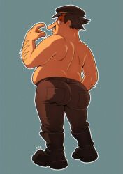 arm_hair ass bara boots butts cap chubby_male clothed fat landtf8 looking_at_viewer male mustache peppino_spaghetti pizza_tower solo topless topless_male