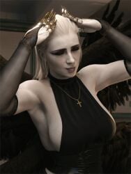 1girls 3d arm_up armpits arms_up big_breasts blender blonde_female blonde_hair breasts capcom choker cross_necklace curled_fingers hands_on_head highres looking_at_viewer meme mother_miranda_(resident_evil) necklace off_shoulder pale-skinned_female pale_skin religious_symbol resident_evil resident_evil_8:_village sideboob smile smiling smiling_at_viewer solo solo_female video_game_character word2
