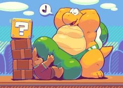 greenendorf koopa koopa_troopa 2boy male male_only male_focus thong erection erection_under_clothes bulge bulge_through_clothing weight_gain belly stomach fat chubby chubby_male thick_thighs thighs hips wide_hips question_mark_block hyper nintendo super_mario_bros. mario_(series) anthro yellow_body musical_note dialogue_bubble stuck_under_penis arms_behind_back winking_at_viewer erection_under_thong hyper_balls large_balls balls hyper_penis large_penis penis