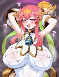 ? armpits arms_up bare_shoulders blush bouncing_breasts breasts confused confusion duel_masters female fully_clothed gigantic_breasts gijinka hair_ornament hair_over_shoulder hypnosis hypnotic_eyes looking_at_viewer mana_2_kesu mind_control nipple_bulge personification pink_eyes pink_hair rafululu_love,_acoustic_dragon_elemental sleeveless smile steaming_body sweat sweatdrop upper_body