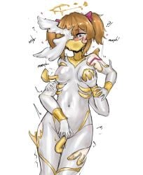 2025 bodysuit brown_hair censored confused corruption covered_mouth extra_arms fondling_breast halo latex latex_bodysuit mosaic_censoring nipple_insertion nipple_object_insertion object_insertion original spread_pussy tears tentacle_clothes transformation twintails vaginal vaginal_object_insertion white_bodysuit
