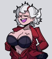 1girls white_background helltaker beelzebub_(helltaker) blindstash white_hair hair short_hair demon demon_horns demon_girl horns closed_eyes smile earrings ear_piercing red_suit clothing huge_breasts big_breasts breasts cleavage presenting presenting_breasts black_bra bra topwear upper_body upper_body_focus breast_focus solo solo_female female female_only