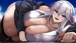 1girl blush breasts cleavage female giantess gigantic_breasts gigantic_thighs kureha_kanzaki looking_at_viewer macro open_mouth original original_character smile solo thick_thighs upper_teeth_only wide_hips