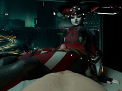 1boy 1girls 3d animated bahamut0 black_hair blender braid braided_hair braided_ponytail clothed clown clown_girl harlequin headgear jester jester_hat jester_outfit lipstick long_hair looking_at_viewer moaning nail_polish on_back on_bed open_mouth overwatch overwatch_2 penis pov sound tagme thigh_sex thighs video white_skin widowmaker
