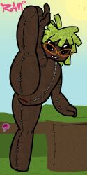 littlebigplanet standing_split pussy green_hair sackgirl glasses plushie tagme sony_interactive_entertainment sony_corporation media_molecule blush zipper stitches roamingvagrant looking_at_viewer blushing brown_body legs_apart