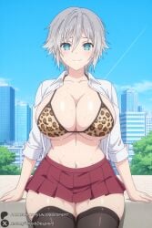 1female 1girl 1girls 2026 ai_generated animal_print arm_support artist_name bangs big_ass big_breasts bikini black_thighhighs blue_eyes blue_sky blush breasts building city cityscape cleavage closed_mouth cloud collarbone collared_shirt cowboy_shot curvy date_a_live day grey_hair hair_between_eyes hi_res high_quality high_resolution highres honjou_nia huge_ass huge_breasts large_breasts leopard_print looking_at_viewer miniskirt navel open_clothes open_shirt outdoors patreon patreon_username pleated_skirt red_skirt shiny shirt short_hair sitting skirt sky skyscraper sleeves_rolled_up smile solo sweat swimsuit thighhighs thighs unjobdespiert watermark white_shirt