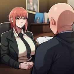 makima_(chainsaw_man) chainsaw_man mongrealai ai_generated 1girl bald black_necktie necktie 1boy breasts braid red_hair shirt yellow_eyes looking_at_another formal smile suit ringed_eyes collared_shirt white_shirt braided_ponytail black_jacket sitting jacket book large_breasts sidelocks indoors chair office_lady own_hands_together bangs