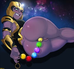 1girls 2d anal anal_beads anal_insertion anal_masturbation armor ass biting_lip black_nails bottomless bubble_ass disney eyelashes eyeshadow fat_mons female female_only galaxy helmet infinity_beads looking_down looking_pleasured marvel marvel_comics on_side one_eye_closed purple-skinned_female purple_anus purple_pussy purple_skin pussy rule_63 shadman sideboob solo thanos thanus