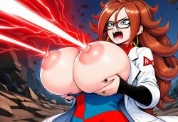 ai_generated android_21 breast_attack breast_fire breast_grab breasts_bigger_than_head breasts_out dragon_ball dragon_ball_fighterz glasses huge_breasts laser_beam nipple_laser special_attack