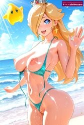 ai_generated ai_assisted stelmazura nintendo rosalina mario_(series) princess_rosalina princess_rosalina_(movie) 1girl solo long_hair breasts looking_at_viewer blush smile open_mouth blue_eyes blonde_hair large_breasts navel jewelry nipples swimsuit bikini earrings outdoors sky pussy day cloud water star_(symbol) hair_over_one_eye wet shiny_skin uncensored pussy_juice bird ocean beach crown tan clothing_aside tanlines star_earrings bikini_bottom_aside