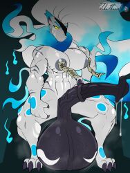 3:4 abs absurd_res animal_genitalia animal_penis anthro balls big_balls big_breasts blue_highlights bodily_fluids breasts claws equine_genitalia equine_penis generation_8_pokemon genital_fluids genitals gynomorph hair hi_res highlights_(coloring) hisuian_form hisuian_zoroark huge_balls hyper hyper_balls hyper_genitalia intersex johnithanial looking_at_viewer mouthless muscular nintendo one_eye_obstructed pasties penis pokemon pokemon_(species) precum regional_form_(pokemon) ruth_(johnithanial) scar solo vein veiny_penis white_body white_hair