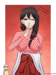 black_hair cheating_wife dialogue fishnets husband_in_background justified_cheating justified_ntr magnus_midnight netorare red_eyes sentai_daishikkaku shrine_maiden shushing smile suzukiri_hitoko text wife