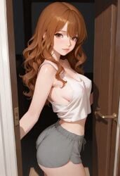brown_eyes brown_hair girlfriend girly grey_shorts neighbor nipples_visible_through_clothing oc original_character perky_breasts round_ass white_tank_top