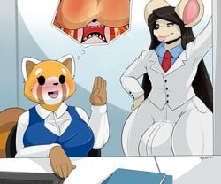 1boy 1girls 2d aggressive_retsuko anthro anthro_on_anthro balls big_balls blush bulge clothed clothing duo female female_anthro femboy femboy_on_female gang_xi_siyu girly hetero huge_balls hyper hyper_balls hyper_bulge male male/female male_anthro male_anthro/female_anthro mammal mouse nightfaux office_lady open_mouth red_panda retsuko rodent sanrio sitting smooth_fur standing straight testicles_on_face thought_bubble