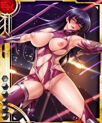 armpits blue_hair card_(medium) female igawa_asagi kagami_hirotaka large_breast long_hair looking_at_viewer nipples no_bra taimanin_(series) taimanin_asagi taimanin_asagi_battle_arena taimanin_asagi_battle_arena_all_card_gallery