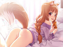 1girls alternate_hairstyle animal_ears ass bangs bare_shoulders bed bed_sheet blush bottomless braid brown_hair butt clothing comb cute eyebrows_visible_through_hair female from_behind holding holo indoors innie_pussy kawakami_rokkaku long_hair looking_at_viewer looking_back lying naked_shirt oerba_yun_fang off_shoulder on_bed on_stomach open_mouth petite pillow pussy red_eyes shirt single_braid skinny slim small_ass smile solo spice_and_wolf tail teenager third-party_edit uncensored wolf_ears wolf_tail young