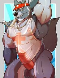 2018 anthro biceps bottomless canine clothed clothing digital_media_(artwork) fur hair hi_res knuxlight male male_only mammal muscular muscular_male nipples pecs penis shirt simple_background solo tank_top were werewolf wet wet_shirt