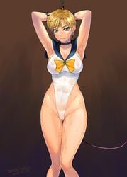 armpits bang-you bishoujo_senshi_sailor_moon blonde_hair blush bondage bound breasts cameltoe clothing female green_eyes haruka_tenou highres large_breasts leotard looking_at_viewer medium_breasts nipples pokies pussy_juice sailor_uranus saliva see-through short_hair solo sweat tiara very_short_hair