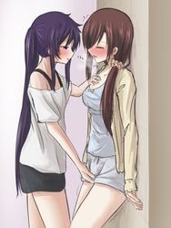 2girls 5tb against_wall bare_legs blush bow breasts breath brown_hair cardigan closed_eyes clothing ebisuzawa_kurumi female fingering fingering_through_clothes gakkou_gurashi! hand_on_own_chest long_hair looking_at_another mole mole_under_eye multiple_girls open_mouth pajamas purple_hair scrunchie shorts sidelocks trembling twintails very_long_hair wakasa_yuuri yuri