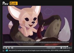 aggressive_retsuko animal_genitalia bottomless canine clothed clothing cum english_text female fennec fenneko fox haida handjob hyena laugh male mammal newd sanrio sex smooth_fur straight text