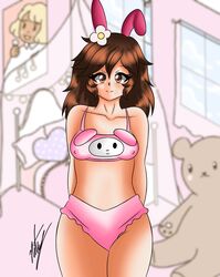 1girls alternate_version_available brown_eyes brown_hair bunny_ears long_hair nita-nsfw nita_(nita-nsfw) original pajamas pink_panties small_breasts smiling smiling_at_viewer sole_female