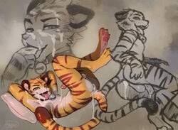 after_sex anthro ass balls cum cum_from_ass cum_in_ass cum_inside cum_on_face erection feline finger_sucking fur haychel leaking looking_at_viewer male male_only mammal nude open_mouth penis presenting smile solo spreading stripes tiger tongue tygre