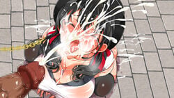 abeno_minato aomizuan black_hair black_legwear blush breasts censored chains cleavage closed_eyes cum cum_on_hair ejaculation embarrassed facial female floor from_above full-face_blush highres huge_breasts kotosanomaa long_hair lucky_dosukebe!_kouhen mosaic_censoring necklace open_mouth original outdoors penis saliva slave solo_focus squatting thighhighs tongue trembling twintails wet wet_clothes