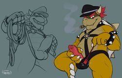 anthro balls bowser cigar collar erection gay harness hat haychel holding_penis koopa leash leather looking_at_viewer male male_only mario_(series) muscular muscular_male nintendo penis scalie signature smile solo spikes teeth video_games