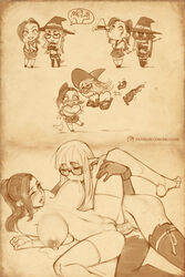 1futa 1girls areola bbc-chan bimbo breast_expansion breast_sucking breasts busty chibi cleavage earrings elbow_gloves elf female futa_on_female futanari glasses gloves herm hourglass_figure intersex large_breasts long_hair monochrome nipple_sucking nipples no_balls nude penis pointy_ears ponytail potion thighhighs tied_hair vagina vaginal_penetration voluptuous witch witch_hat