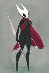 hollow_knight hollow_knight:_silksong hollow_knight_(franchise) team_cherry bug bug_girl spider spider_girl hornet_(hollow_knight) breasts pussy horns 1girl black_body big_breasts large_breasts solo solo_female weapon blue_pussy