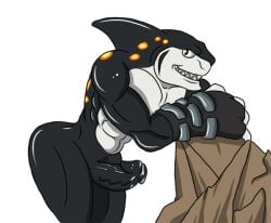 1boy 2013 ass big_penis erection gay male male_only non-human non-human_only penis shark simple_background skylanders snout solo tagme terrafin veiny_penis video_games volentis white_background